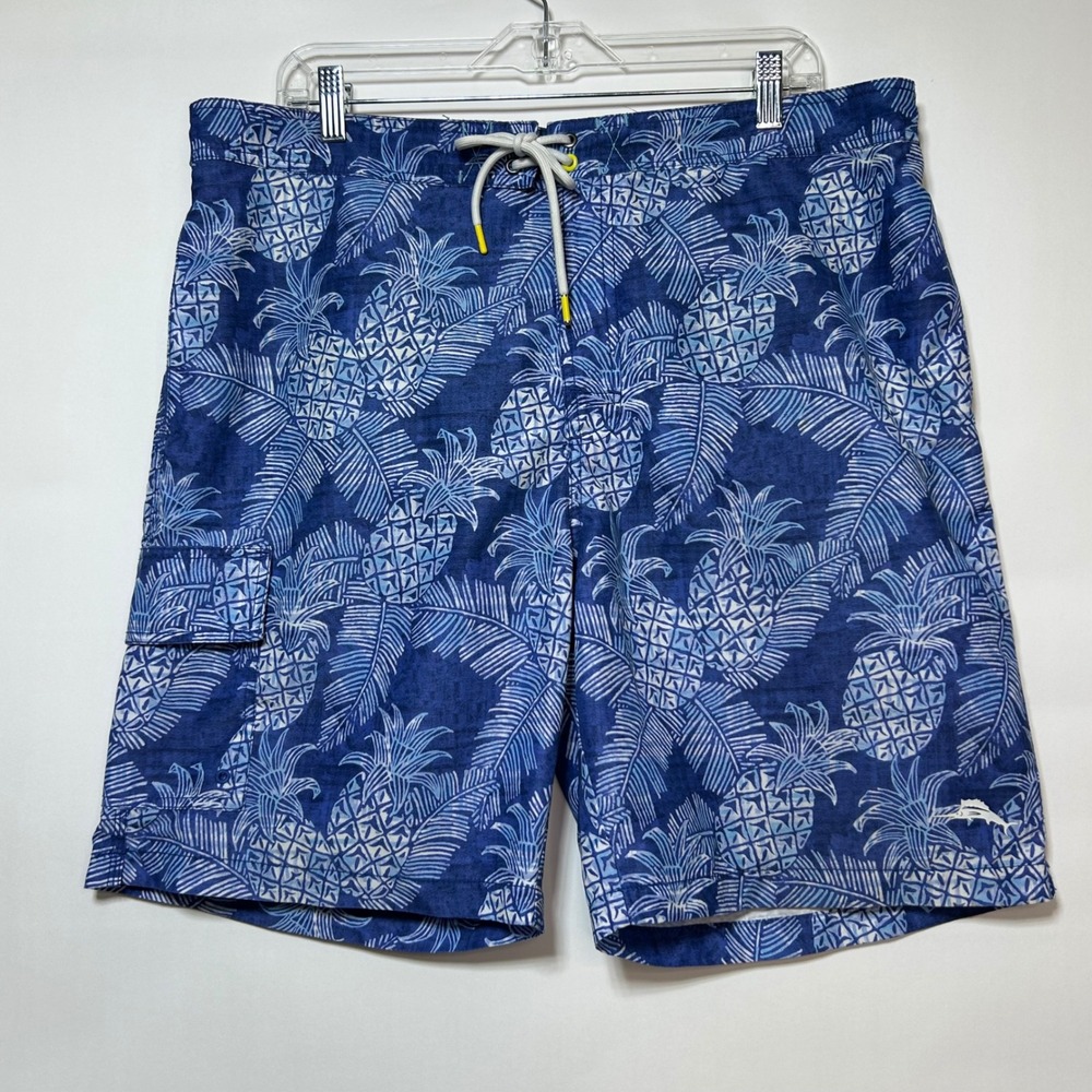 Tommy Bahama Swim Trunks Men XL Blue Pineapple Palm Print Cargo Island Life baja